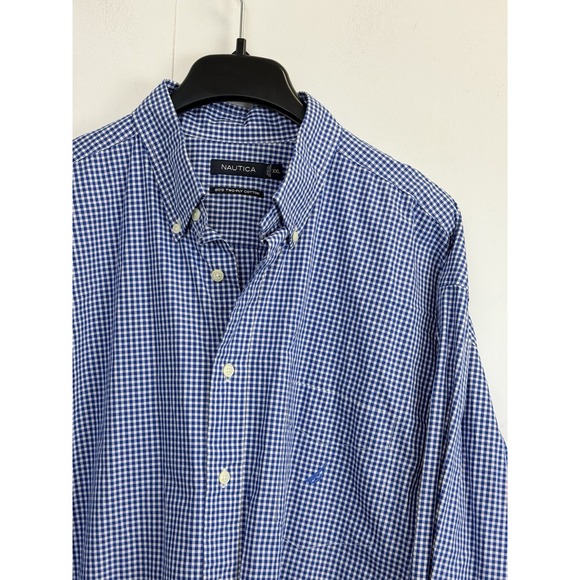 Nautica Mens XXL Long Sleeve Button-Down Shirt Blue Gingham Check Two-ply Cotton - Picture 1 of 7